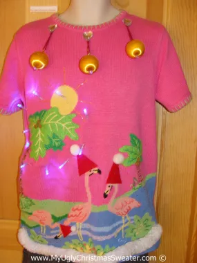 Tropical Themed 3D Ugly Christmas Sweater with Lights Flamingos (t6)