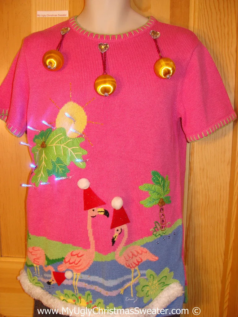 Tropical Themed 3D Ugly Christmas Sweater with Lights Flamingos (t7)