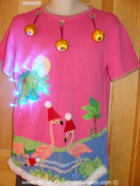 Tropical Themed 3D Ugly Christmas Sweater with Lights Flamingos (t7)