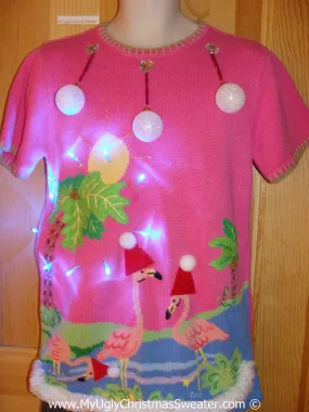 Tropical Themed 3D Ugly Christmas Sweater with Lights Flamingos (t8)