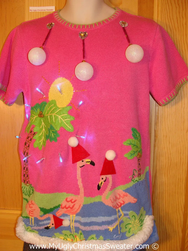 Tropical Themed 3D Ugly Christmas Sweater with Lights Flamingos (t8)