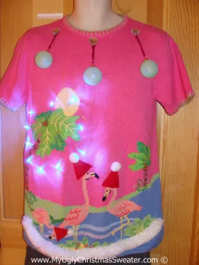 Tropical Themed 3D Ugly Christmas Sweater with Lights Flamingos (t9)
