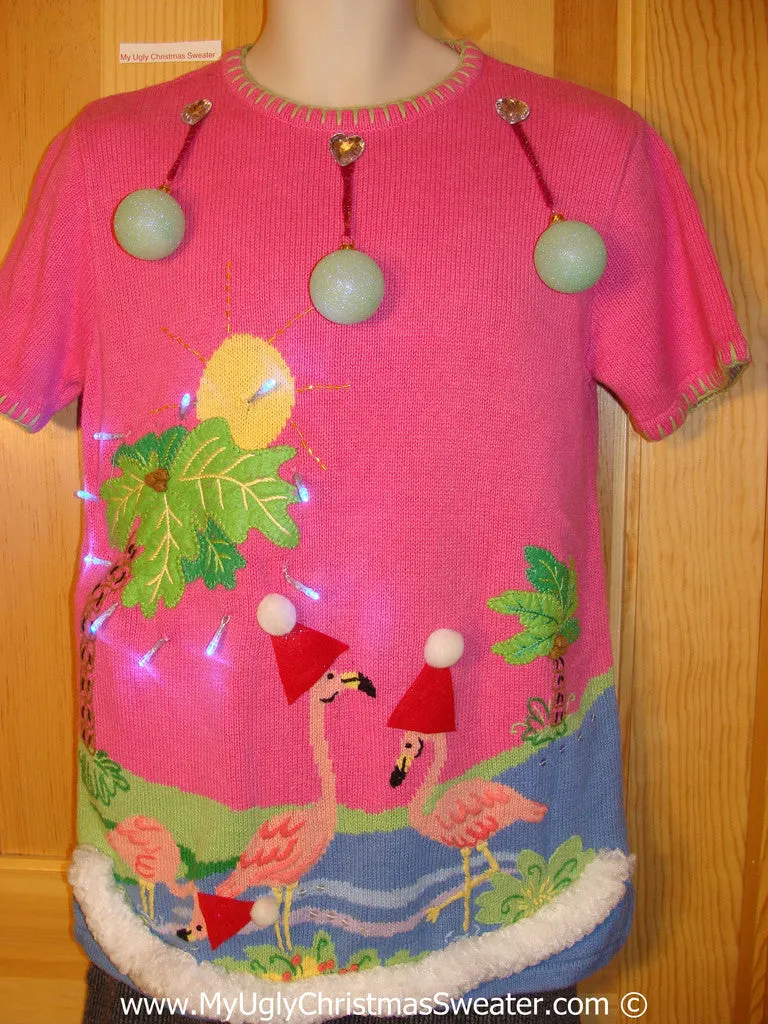 Tropical Themed 3D Ugly Christmas Sweater with Lights Flamingos (t9)