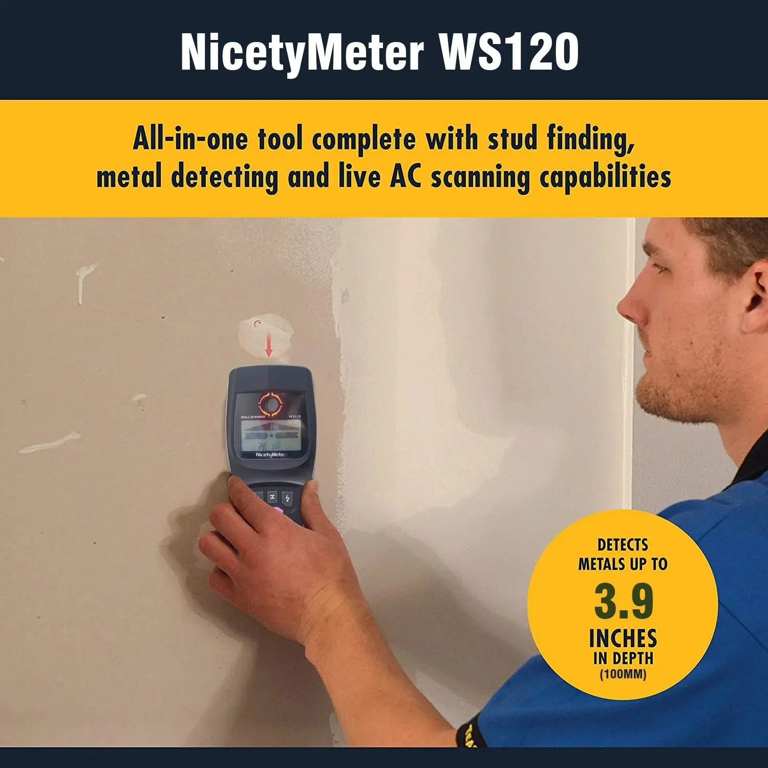 WS120 Multi-Scanner Stud Finder AC Wood Cable Wires Depth Tracker Plumbing Underground Wall Scanner LCD Beep
