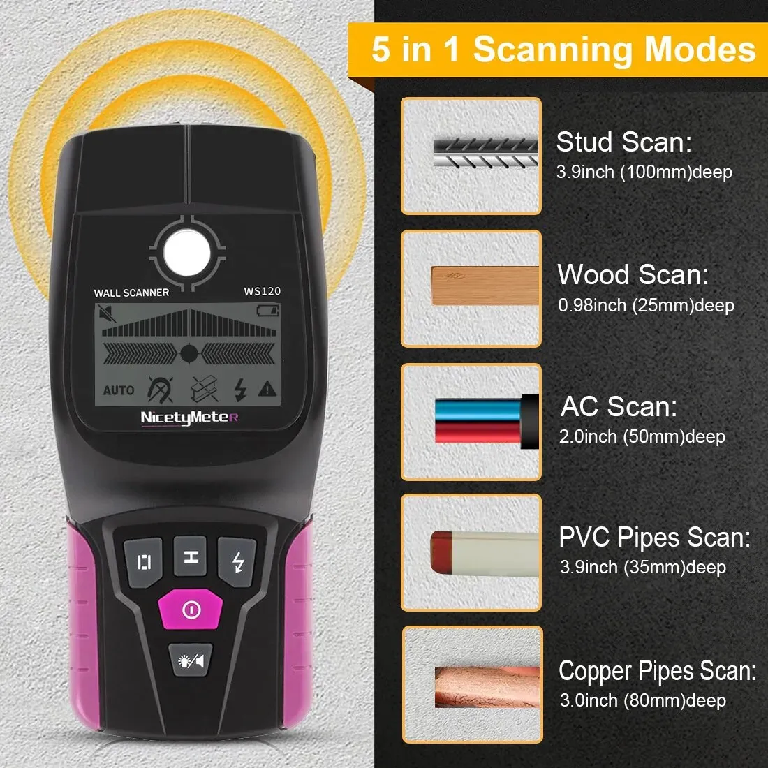 WS120 Multi-Scanner Stud Finder AC Wood Cable Wires Depth Tracker Plumbing Underground Wall Scanner LCD Beep